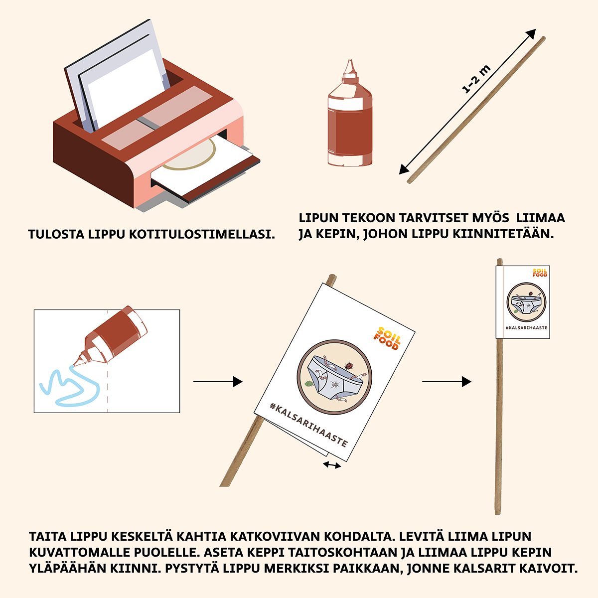 Ohjeet #Kalsarihaasteen kalsareiden hautauspaikan merkkilipun tekoon. Lataa merkkilippu kuvatekstin linkistä. Tulosta lippu kotikoneellasi A4-paperille. Tarvitset myös liimaa ja 1-2 metriä pitkän kepin, jonka toiseen päähän merkkilippu liimataan. Varmista pellolla että merkkilippu on tukevasti pystyssä, jotta se ei kaadu kesän aikana.